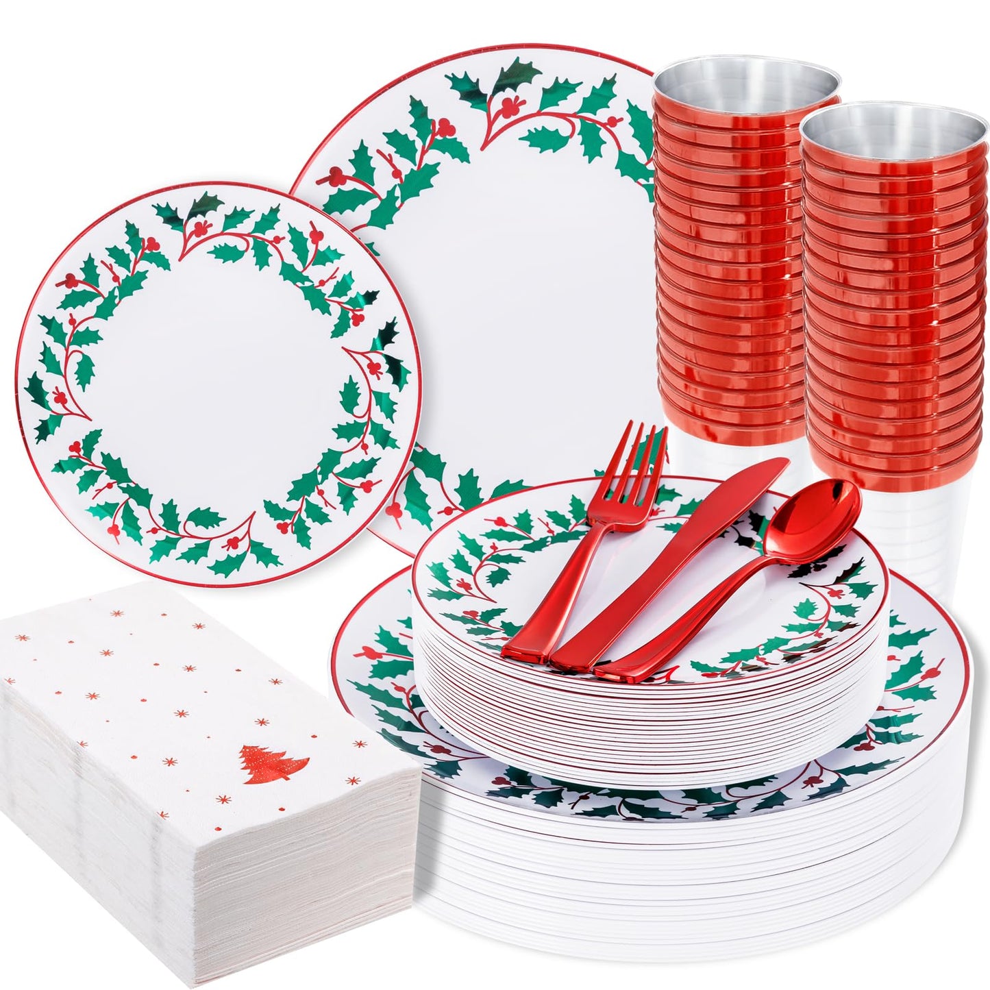 WDF 175Pcs Disposable Christmas Plates & Napkins - 25 Dinner & Dessert Plates, 25 Utensils, 25 Cups, 25 Christmas Napkins
