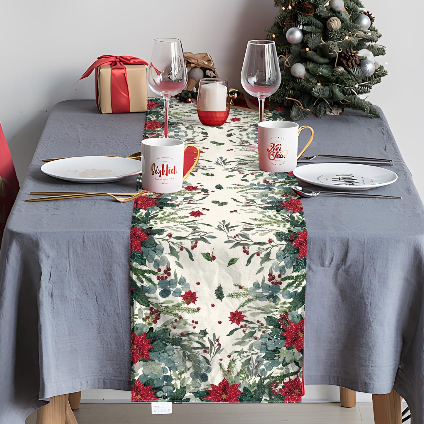 72 x 13 Inch Christmas Table Runner – Red Poinsettia and Greenery Holiday Table Decoration with Winter Berries for Dining Room, Kitchen, and Festive Christmas Parties