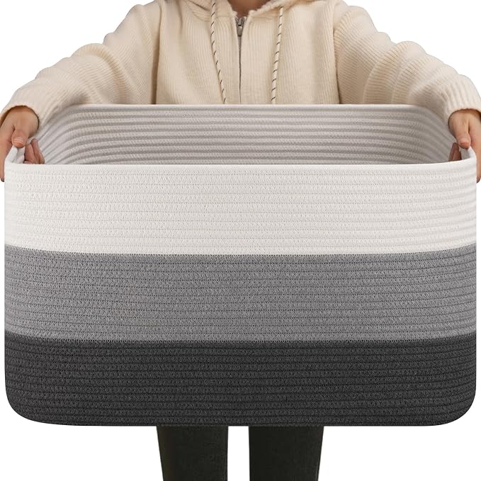 OIAHOMY Large Blanket Basket For Living Room, Rectangle Woven Baskets for Storage, Nursery Toy Storage With Handle-22”x17”x12”-Gradient Dark Grey