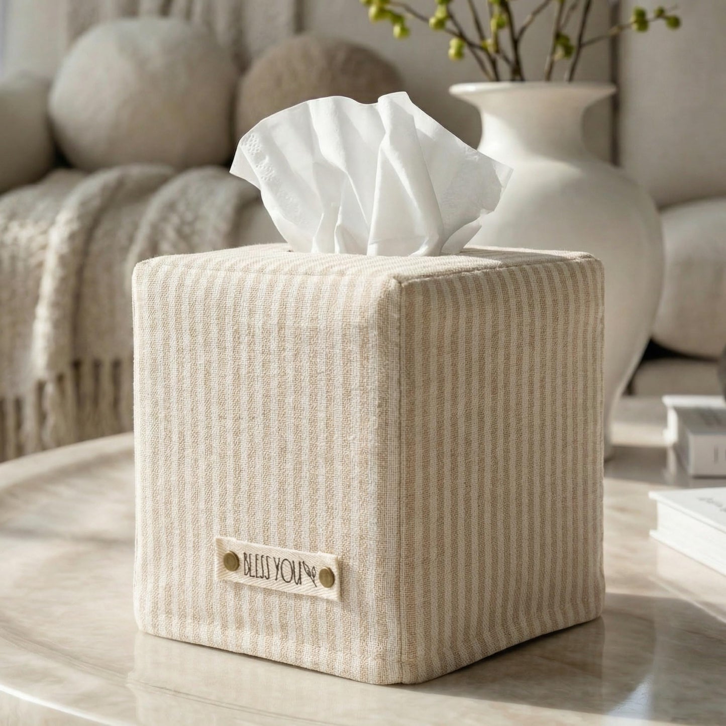 Stylish Tissue Box Cover - This Beige Striped Linen Holder Instantly Covers Your Square Tissue Boxes - The Perfect Cube Cover for Your Bathroom and Home