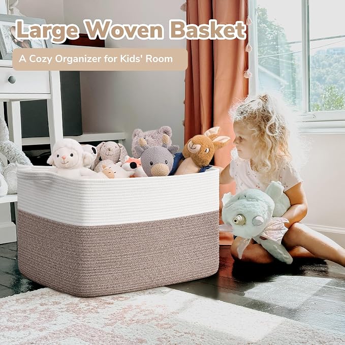 Goodpick 85L Large Woven Basket 23.6" x 15.7" x 13.8" Cotton Rope Storage Organizer for Blankets Dirty Clothes, Rectangle Toy Storage Basket for Nursery Home Decor, Brown