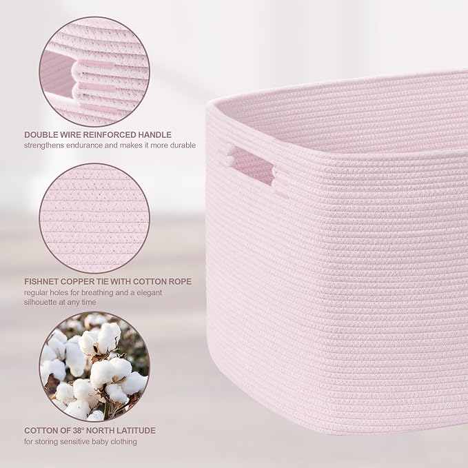 72L Large Baby Girls Laundry Basket for Nursery Storage,Cute Woven cotton Rope Baskets for Kids Toy，Gifts, Boho Square Wicker Blanket hamper for Living Room,Bedroom Dirty Clothes,Pink