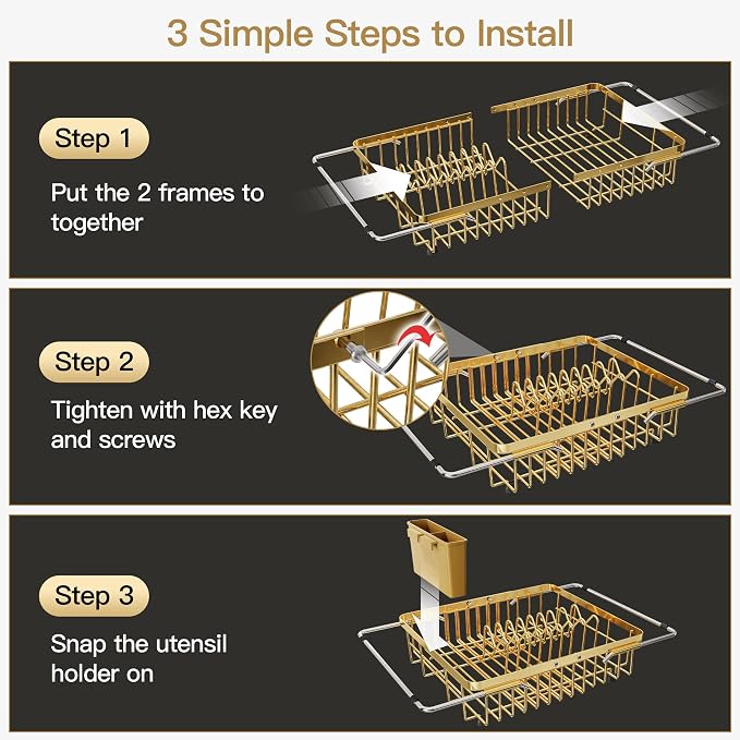 JASIWAY Gold Expandable Stainless Steel Dish Drying Rack Over The Sink for Small Kitchen, Counter Space Saving Compact Plate Drainer Strainer, Adjustable Hanging Metal Dish Dryer with Utensil Holder