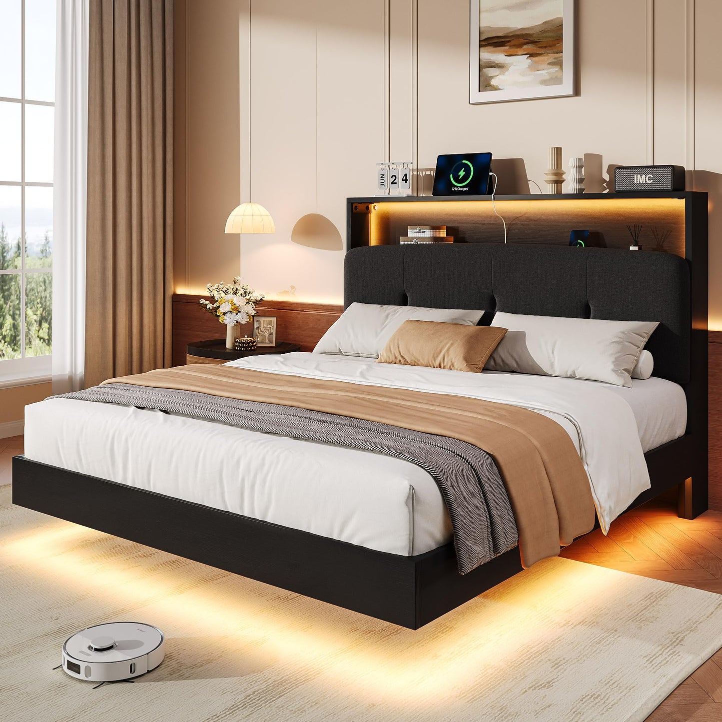 Einhomn Floating Bed Frame Full with 2-Tier Storage Linen Fabric Upholstered Headboard, Wooden Platform Bed Frame w/Charging Station & LED Lights, Metal Slats Support, No Box Spring Needed, Black