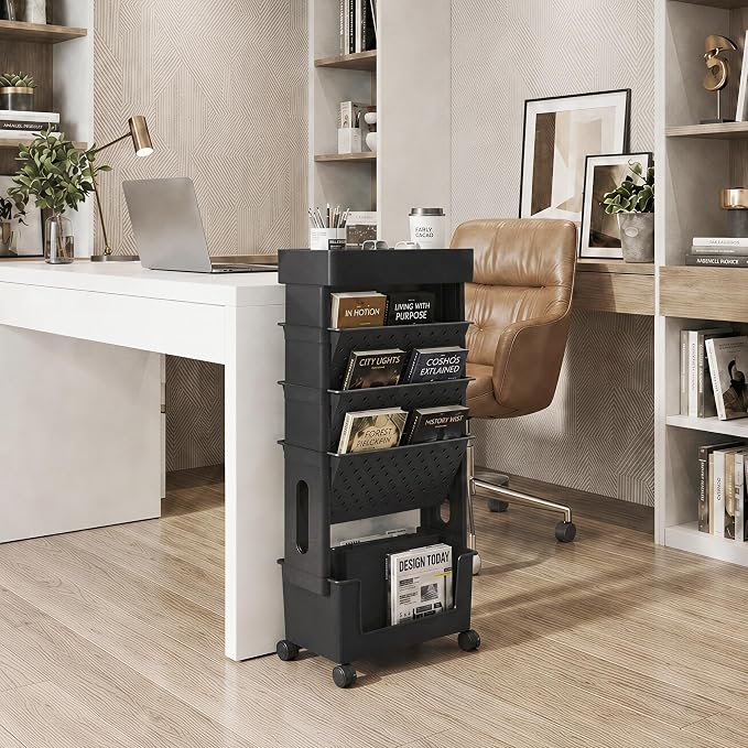 5-Tier Rolling Bookshelf, Book Storage Organization with Wheels Mobile Bookshelves Cart for Home Office Kids' Study Room School, Black