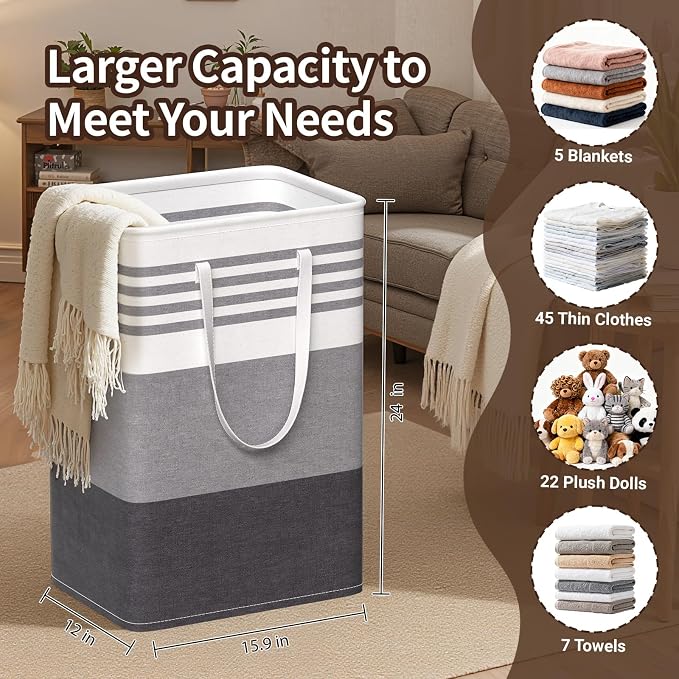 WOWBOX 2 Pack Laundry Baskets, Laundry Hampers, Freestanding Dirty Clothes Hampers with Reinforced Handles & Cross Stitch & Waterproof Coating, for Laundry Bedroom Bathroom Dorm,75L Grey