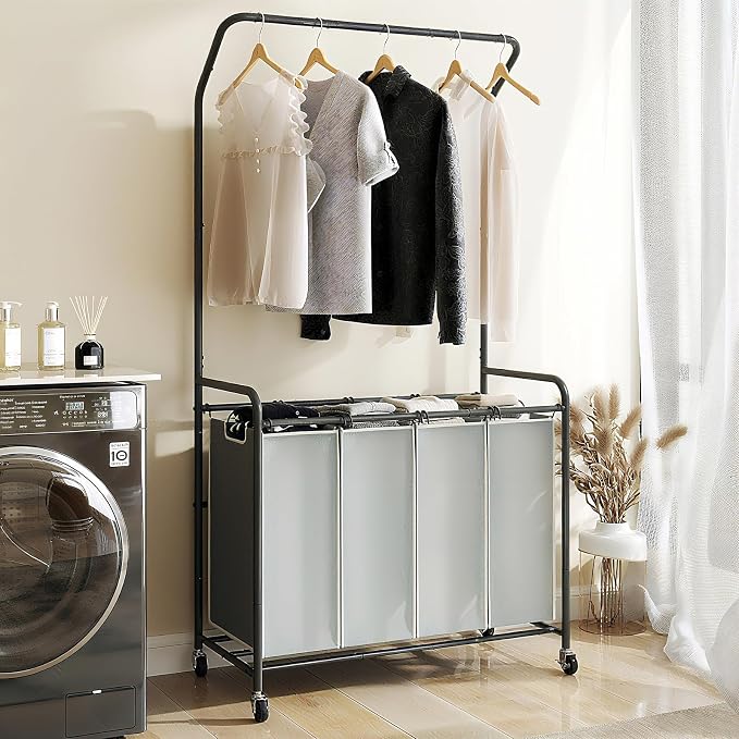 ROMOON Laundry Hamper Sorter Cart: 4 Section Organizer with Hanging Bar and Heavy-duty Lockable Wheels | 180L Rolling Laundry Basket with Clothes Rack in Laundry Room or Small Spaces (Grey)
