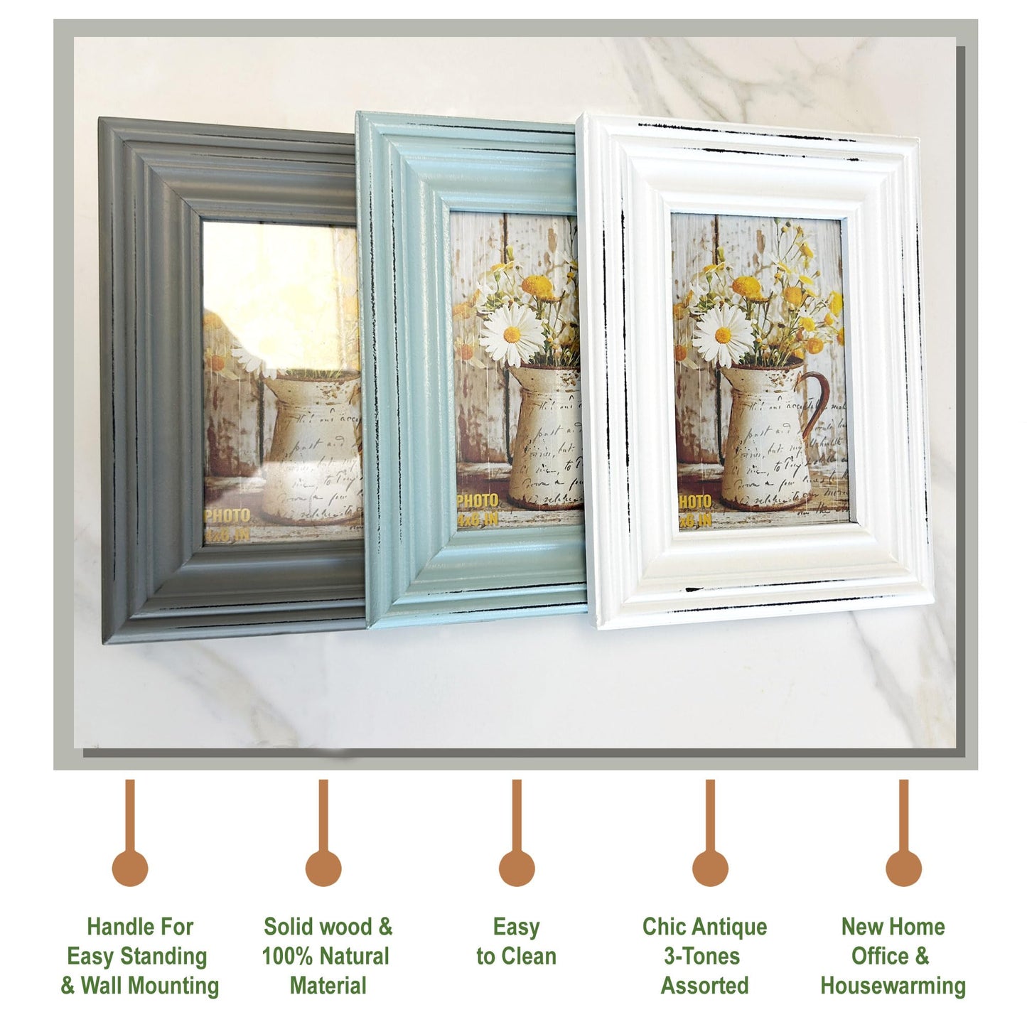 Vintage 4x6 Inches Wooden Picture Frame Pack of 3 Farmhouse Aqua Grey White - Rustic Thick Wood High Definition Glass Photo Frame Outside 6x8 Inches - 2 Ways Display Tabletop or Wall Mounted