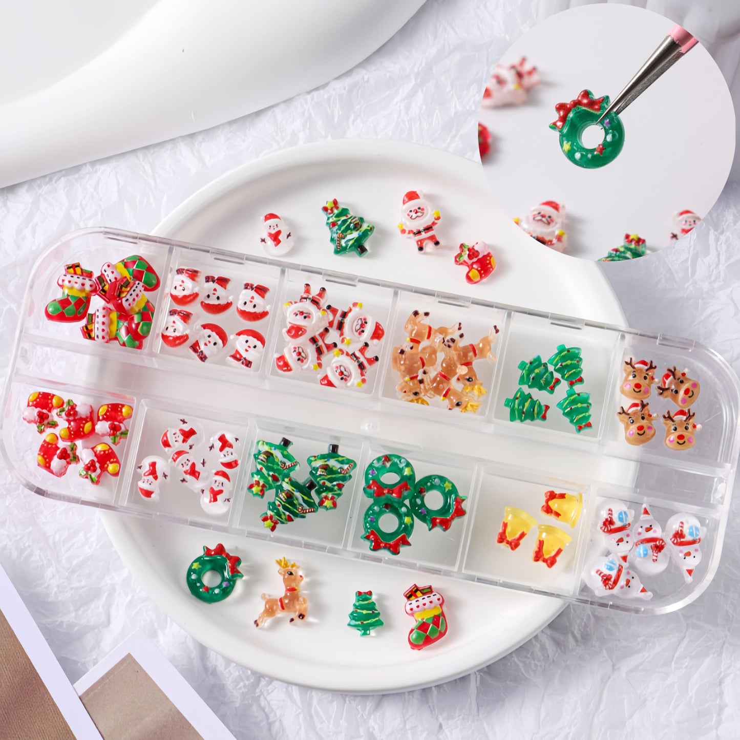 18Girds/2Boxes Christmas Nail Charms Colorful Mini Snowman Xmas Tree Nail Art Charms Reindeer Bell Nail Rhinestones 3D Resin Red Bow Heart Nail Diamond Green Half Round Beads Nail Gems for Women DIY