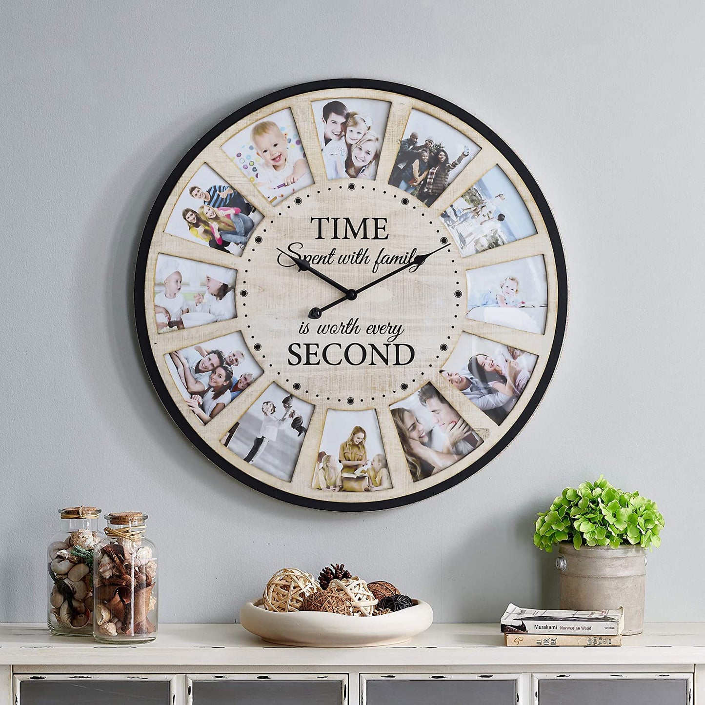 JUMBO HUMBLE 12 Photo Collage Rustic Wood Farmhouse Wall Clock, Large Family Picture Wall Clock for Living Room, Home, Kitchen, Silent Battery Powered 24 Inch Natural