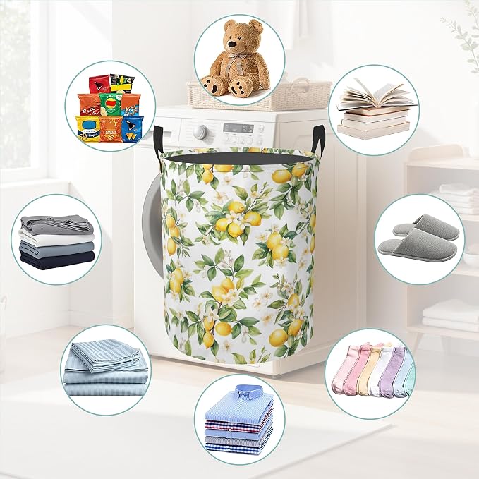 Laundry Basket With Handle, Dirty Clothes Laundry Hamper, Oxford Cloth Bin Storage Organizer for Toy Collection (Lemon Summer)