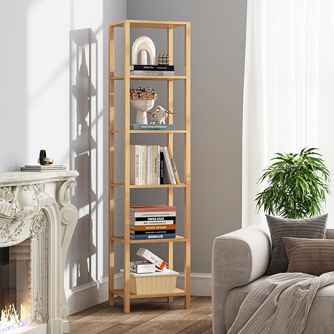 TUTOTAK Bookshelf, 6-Tier Tall Book Shelf, Narrow Bookcase for Small Space, DIY Stackable Bookshelf, for Living Room, Office, Study, Entryway, Industrial, Natural BS01BN006