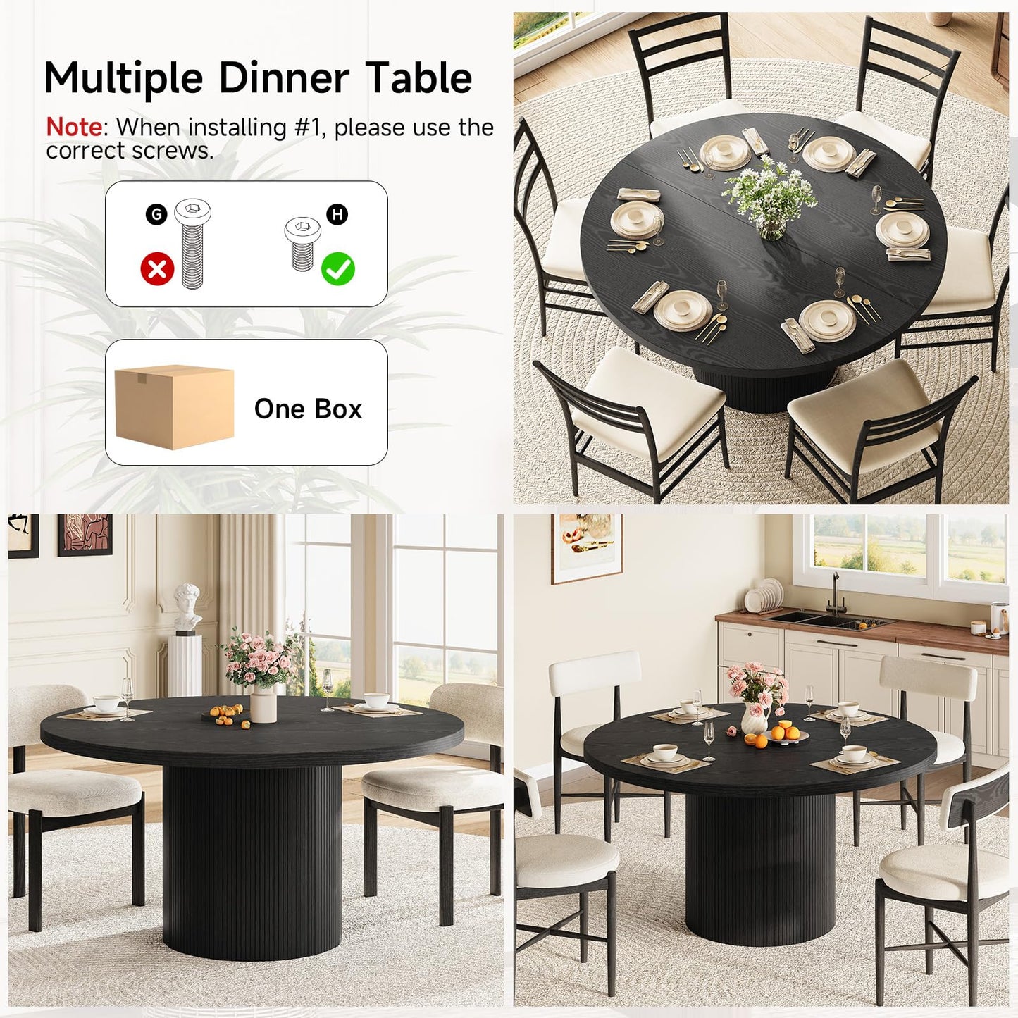 Round Kitchen Dining Table for 4-6 People, 47 inch Mid-Century Circle Dinner Tables, Rustic Wood Base in Fluted Design, Space Saving Dining Room Furniture, Large Table Only for Family Party, Black
