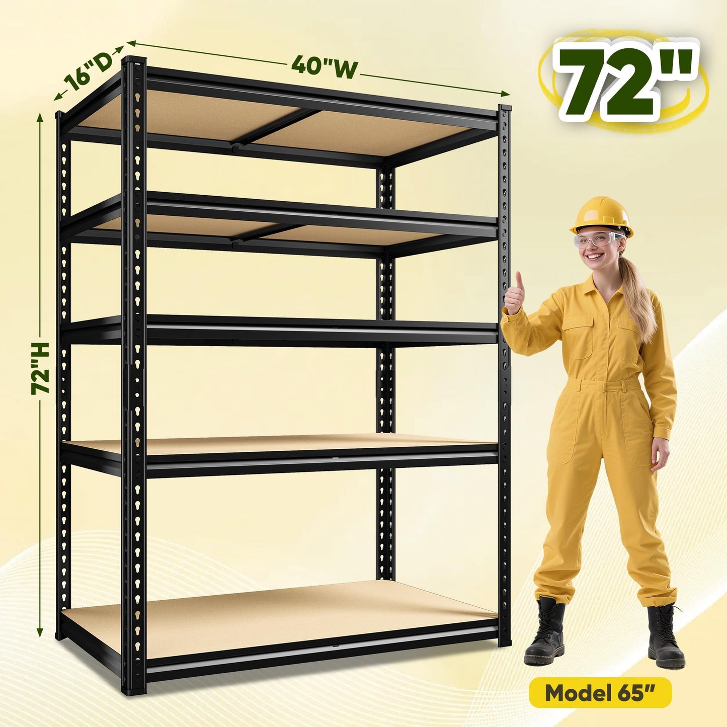 DurayLoly 72" H Garage Shelving, 5 Tier Storage Shelves Load 2500 lbs, Adjustable Garage Shelves, Metal Shelving Unit for Warehouse, Basement, Pantry, 40" Wx 16" D x 72" H, Black