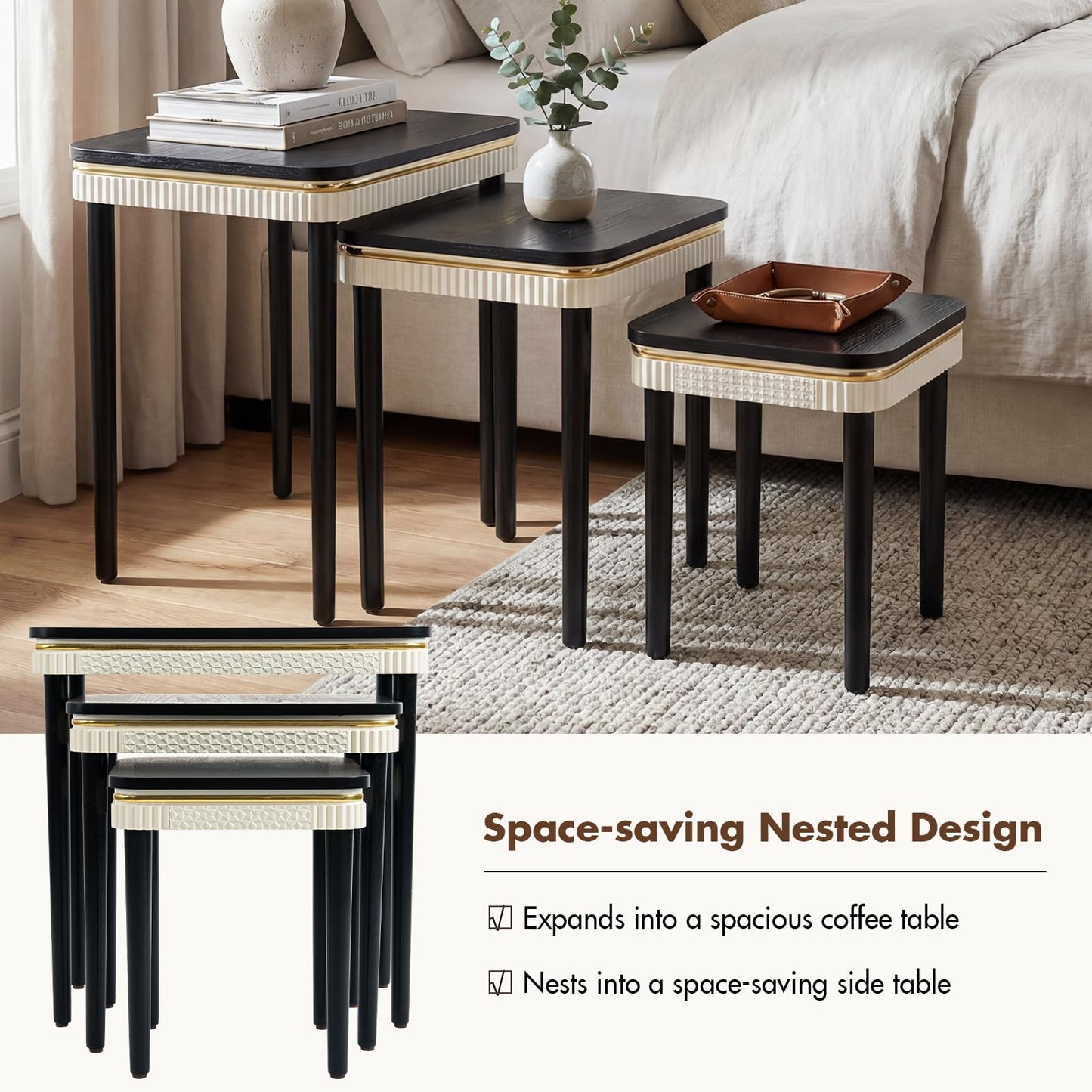 Hyfirm Black Side Table End Table Nesting Tables Set of 3, Retro Nesting Tables with Veneered Top & Gold Trim, Mid Century Modern Nesting Wood Coffee Tables for Living Room/Bedroom/Apartment