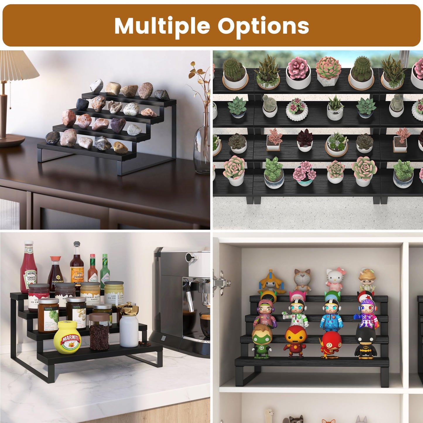 Wood Display Risers, 4 Tier 13.4IN Perfume Organizer Shelf with Metal Legs, Large Wooden Cupcake Stand Holder, Display Shelf Stand for Figures, Party, Makeup, Dessert Shelves for Party, Black