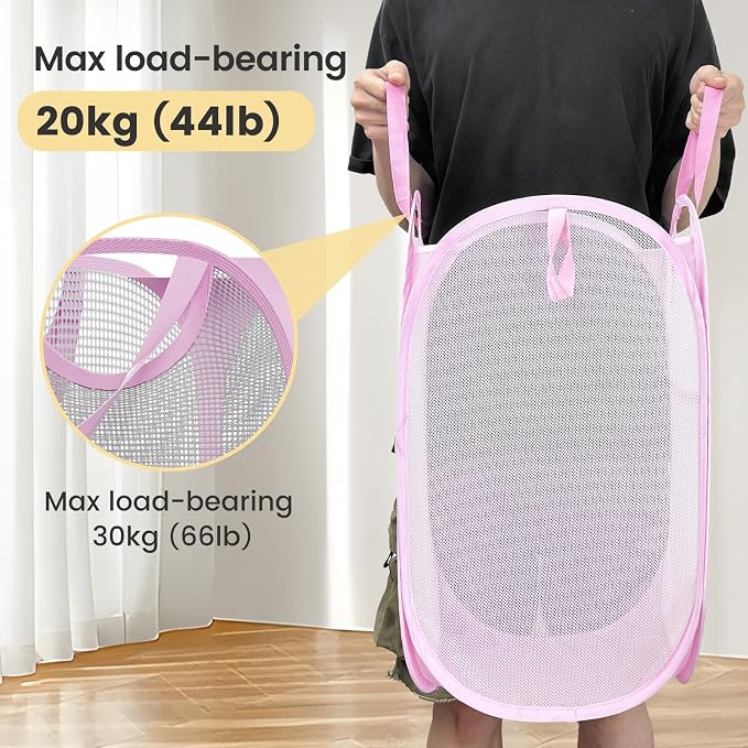 2 Pack Strong Mesh Pop-up Laundry Hamper, Quality Pop Up Hampers for Laundry with Durable Handles Solid Bottom High Carbon Steel Frame, Easy to Open and Fold Flat for Storage(Light Pink)