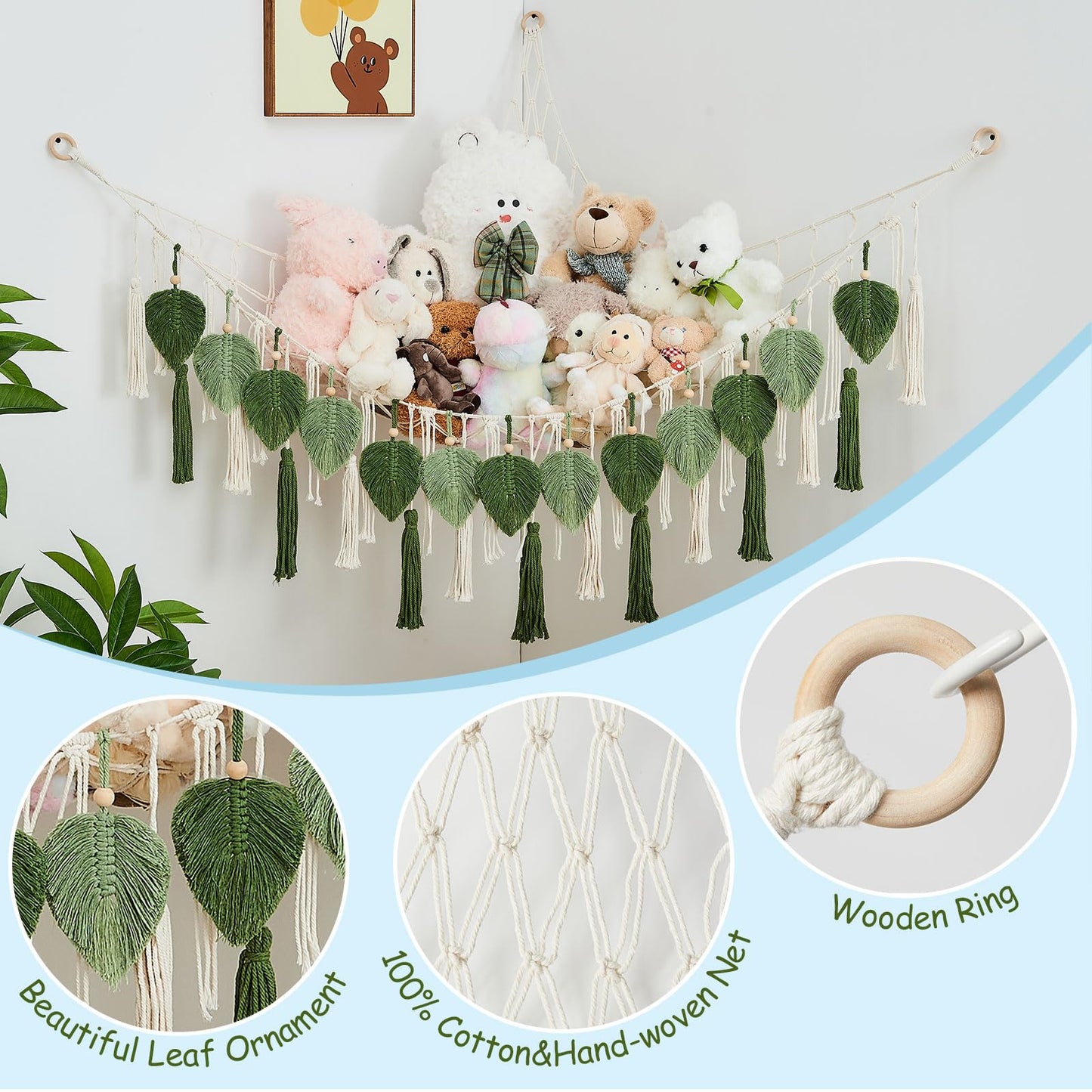 Pretty Jolly Stuffed Animal Storage with Hand Woven Leaf Tassels Hammock Corner Hanging Net Boho Macrame Plush Storage for Toys Kid Room Wall Nursery Decor for Girls Gift (Sage Green&Avocado Green)