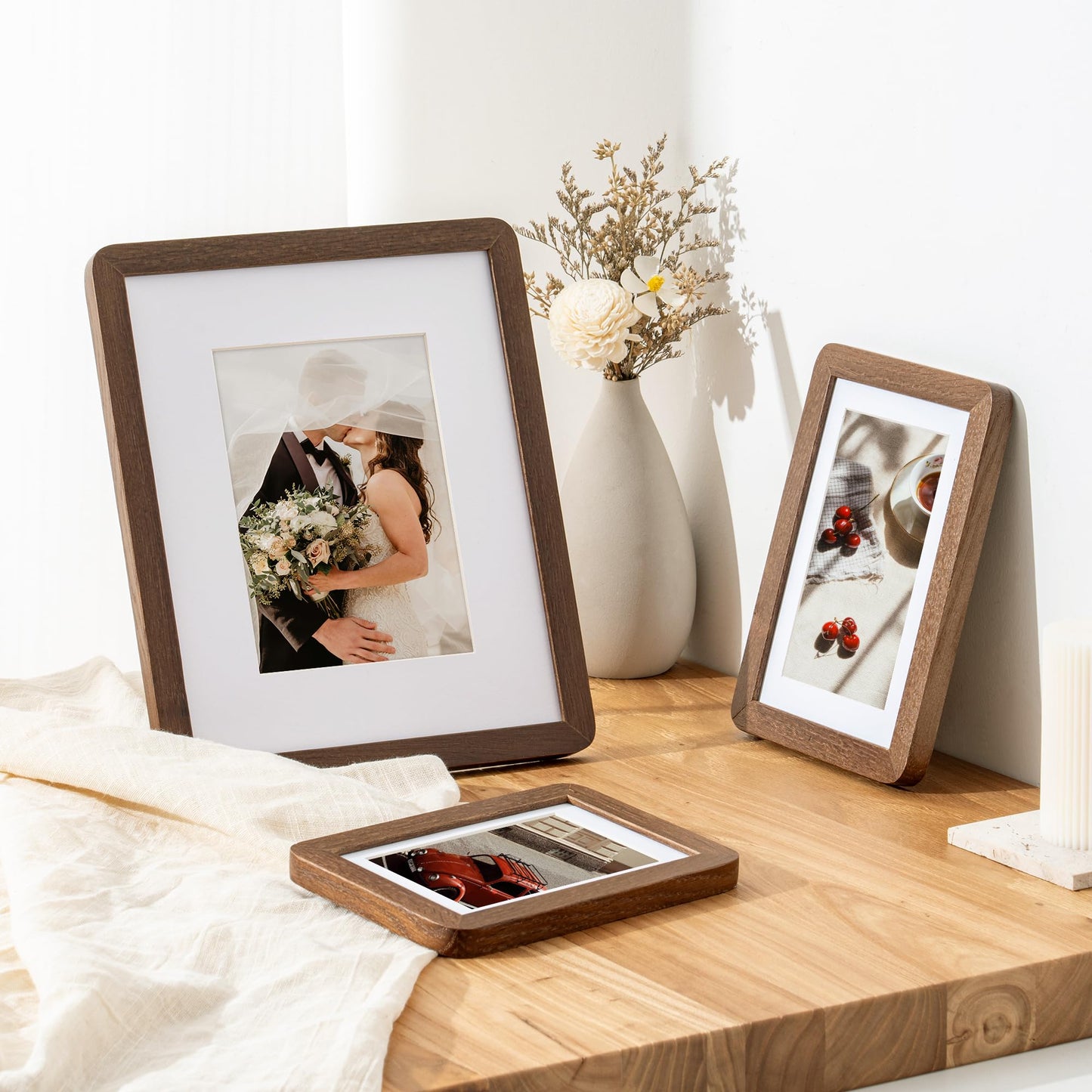FLYJOE 5x7 Solid Oak Wood Photo Frame | 5x7 Picture Frame With Mat For 4x6 | Plexiglas And Hanging Hardware Included | Walnut Wood (1 Pack)