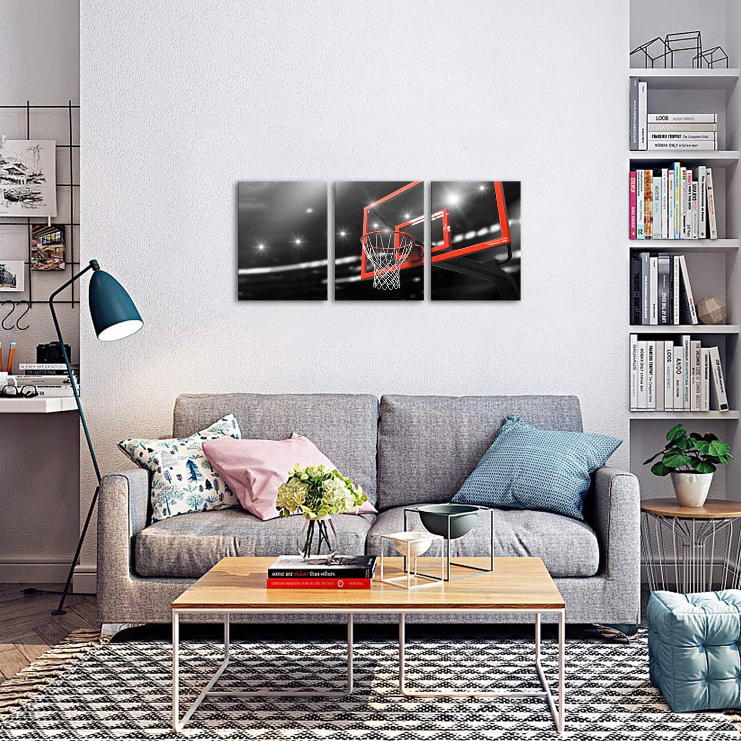 KLVOS 3 Pieces Basketball Wall Art Prints Black and White Red Basketball Hoop Poster Photograph Painting Sport Picture Canvas Art Boys Gift Modern Home Bedroom Gym Room Framed Decoration
