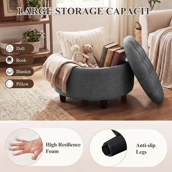 COLAMY Fabric Round Storage Ottoman with Reversible Tray Lid – Multi-Functional Footrest, Hidden Storage, Sturdy & Stylish Small Coffee Table for Living Room, Bedroom, or Entryway(Dark Grey)