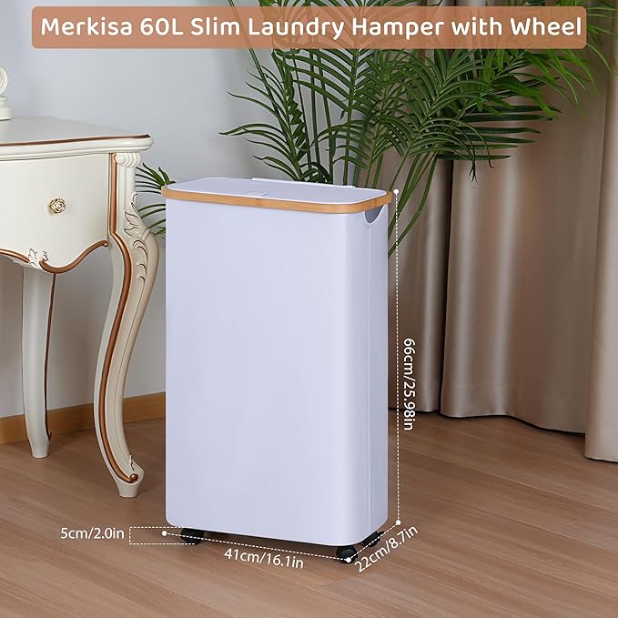 Slim Laundry Basket with Wheels,Narrow Hampers for Laundry(60L White) | Freestanding Laundry Hamper with Lid&Bamboo Handles,Collapsible & Waterproof Tall Cloth Hamper for Dorm Family