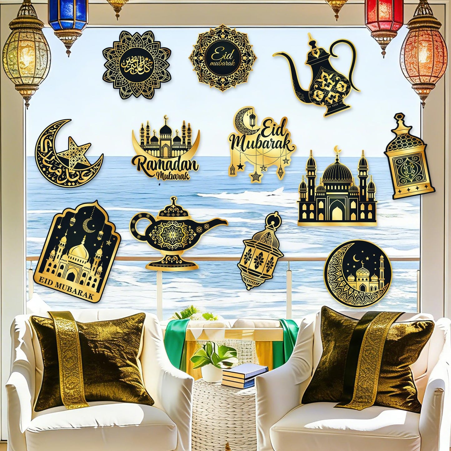 Large 11"x14" Eid Mubarak Cutouts Decorations Cardboard Cutout Set of 12, Ramadan Cutouts Wall Door Windows Decor, Muslim Islamic Mosque Castle Paper Cut Outs Decoration (Black Gold)
