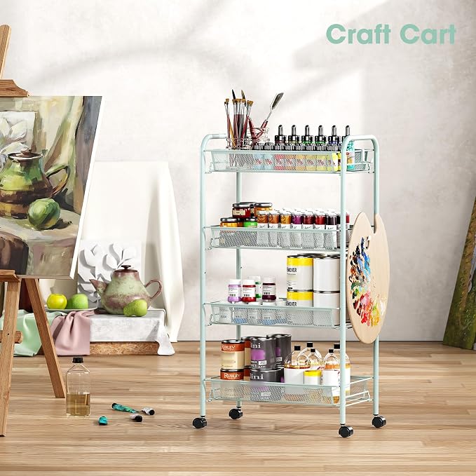 TOOLF 4-Tier Rolling Cart, Metal Utility Cart with 3 Hooks, Easy Assemble Mobile Storage Trolley On Wheels, Metal Shelving Units Kitchen Bathroom Laundry Room