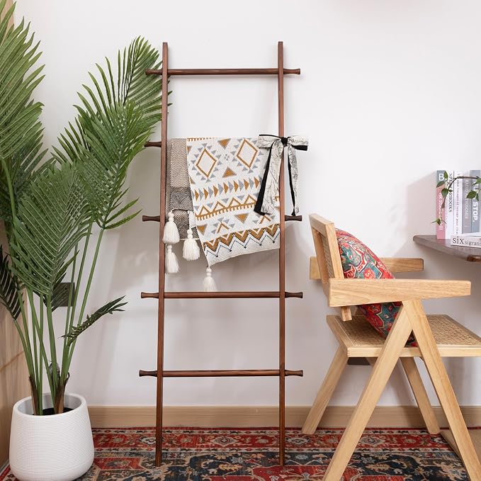 Blanket Ladder, 5-Tier Wooden Quilt Stand, Decorative Ladder Shelf, Farmhouse Ladder Blanket Holder, Wall Leaning Towel Storage Rack for Living Room, Brown
