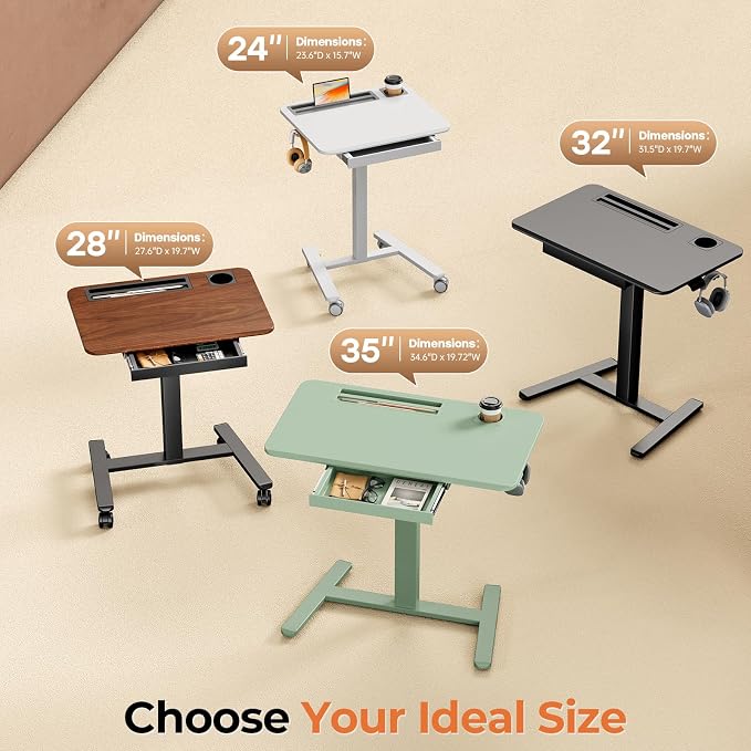 Mobile Standing Desk with Drawer, 35" Small Standing Desk with Cup Holder, Rolling Laptop Cart on Wheels, Height Adjustable Table with Storage for Home Office, Sage Green