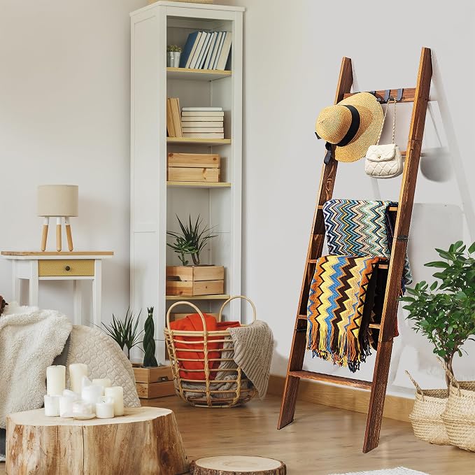 Decorative Wooden Blanket Ladder with Removable Hooks for The Living Room & Bedroom, Pine Wood, Easy Assembly 6-Tier Wall Leaning Rack Stand 68 inch for Displaying Blankets & Scarves, Brown