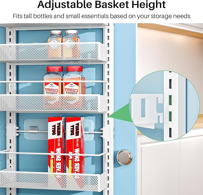 8 Tiers Over the Door Organizer - Height Adjustable Pantry Organizers and Storage with Dense Mesh Baskets, Anti-Swing Hanging Door Spice Rack for Kitchen Bathroom (White, 12.3"W x 4.7"D x 69"H)