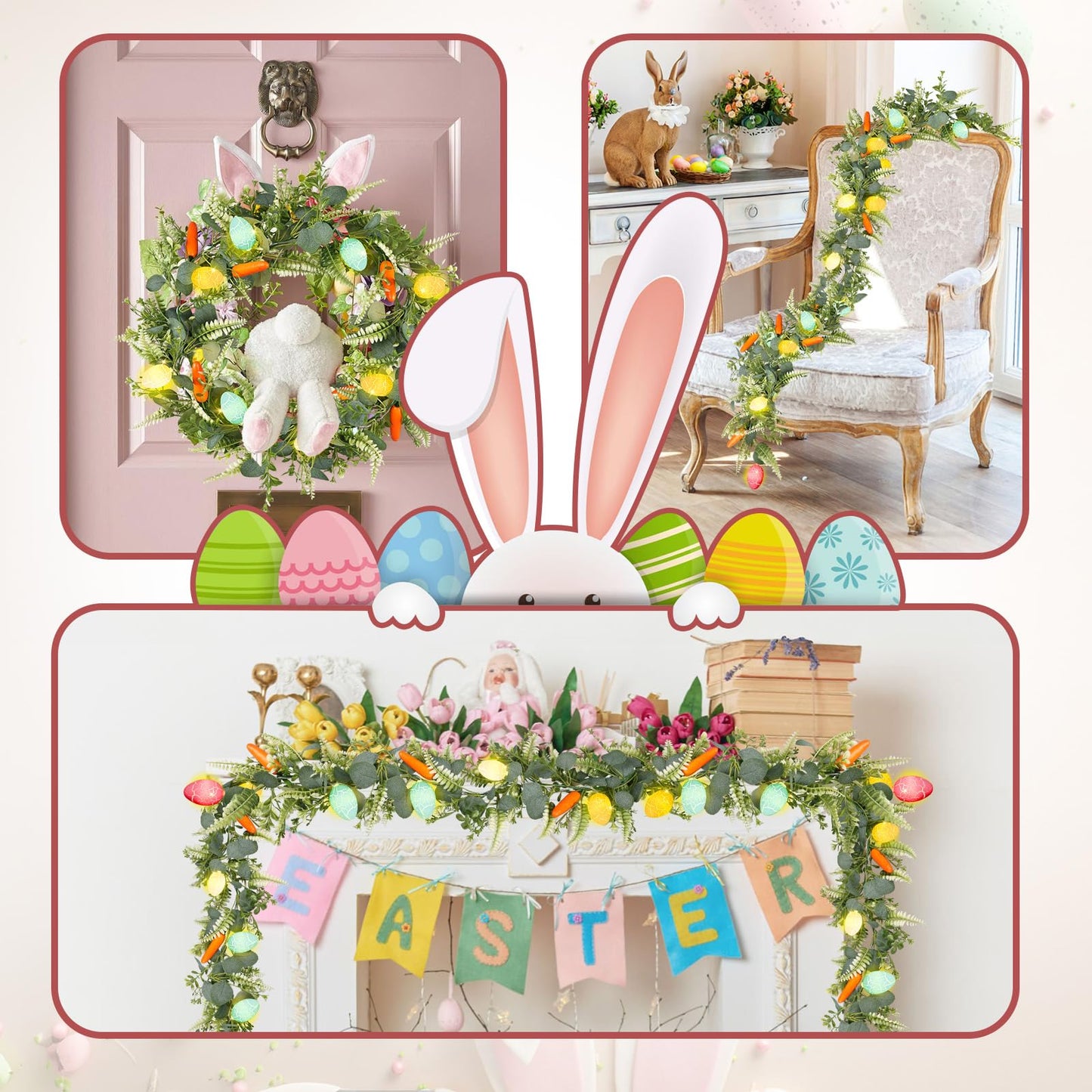 N&T NIETING 6 FT Easter Artificial Garlands with 10 Glowing Eggs & 6 Carrots, Fern Garland for Home Kitchen Fireplace Indoor Outdoor Holiday Party