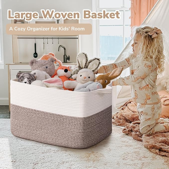 Goodpick Large Woven Blanket Basket 21.6" x 14.9" x 11.8" Storage Baskets for Organizing, Baby Laundry Basket with Handles, Toy Storage Baskets for Living Room Nursery, Brown