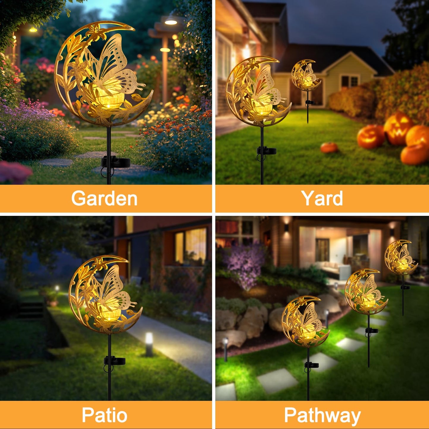 ShangTianFeng Butterfly Lights Outdoor Decor - Moon & Bird SolaGardenLights Waterproof, Auto On/Off Pathway Lighting for Yard/Lawn/Patio, Handcrafted Metal Solar-Stake-Lights for Outside Decorations