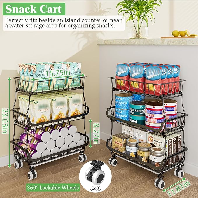 3 Tire Rolling Pantry Organizers and Storage Cart on Wheels | Metal Frame, Under Pantry Cabinet, Drip Tray, Storage for Snack, Potato, Onion, Produce, Can, Drink, Fruit and Vegetable