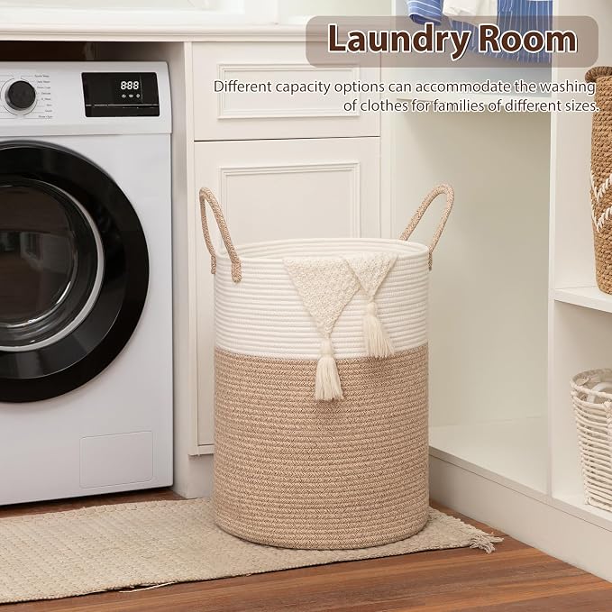 OIAHOMY Large Laundry Basket Hamper - 80L Cotton Rope Woven Basket for Blankets, Toys, Clothes - Tall Decorative Nursery Hamper with Long Handles, Brown/White