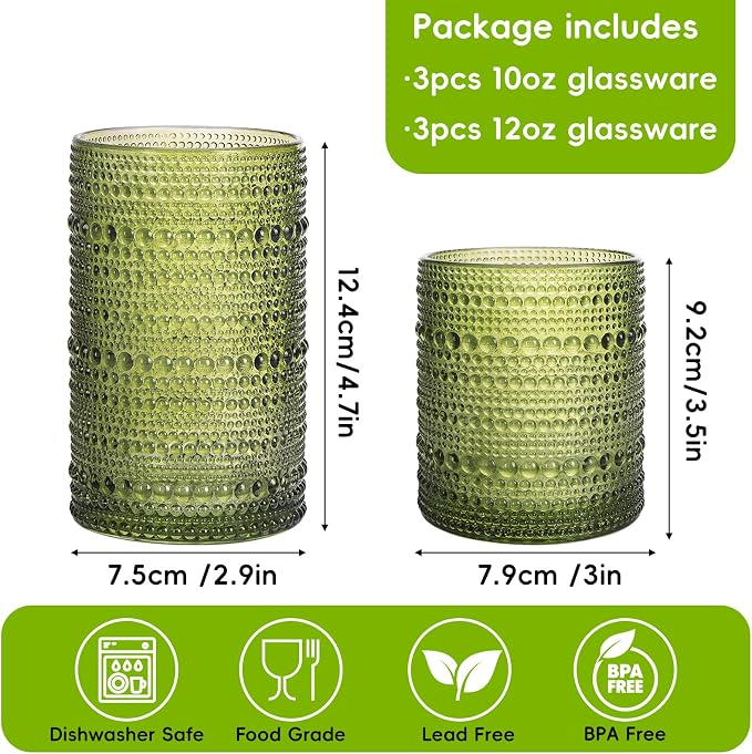 Moretoes Hobnail Drinking Glasses Set of 6, 12 Oz Highball Glasses & 10 Oz Cocktail Glasses, Clear Embossed Boho Glass Cups Kitchen Bar Tumbler Glassware Set for Whiskey, Beer, Juice, Milk (Green)