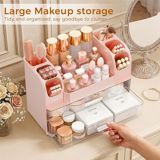 Makeup Organizer for Vanity with Brush Holder, Large Bathroom Countertop Organizer & Skincare Storage | Perfume, Cosmetics Display Case with Drawers (Pink)