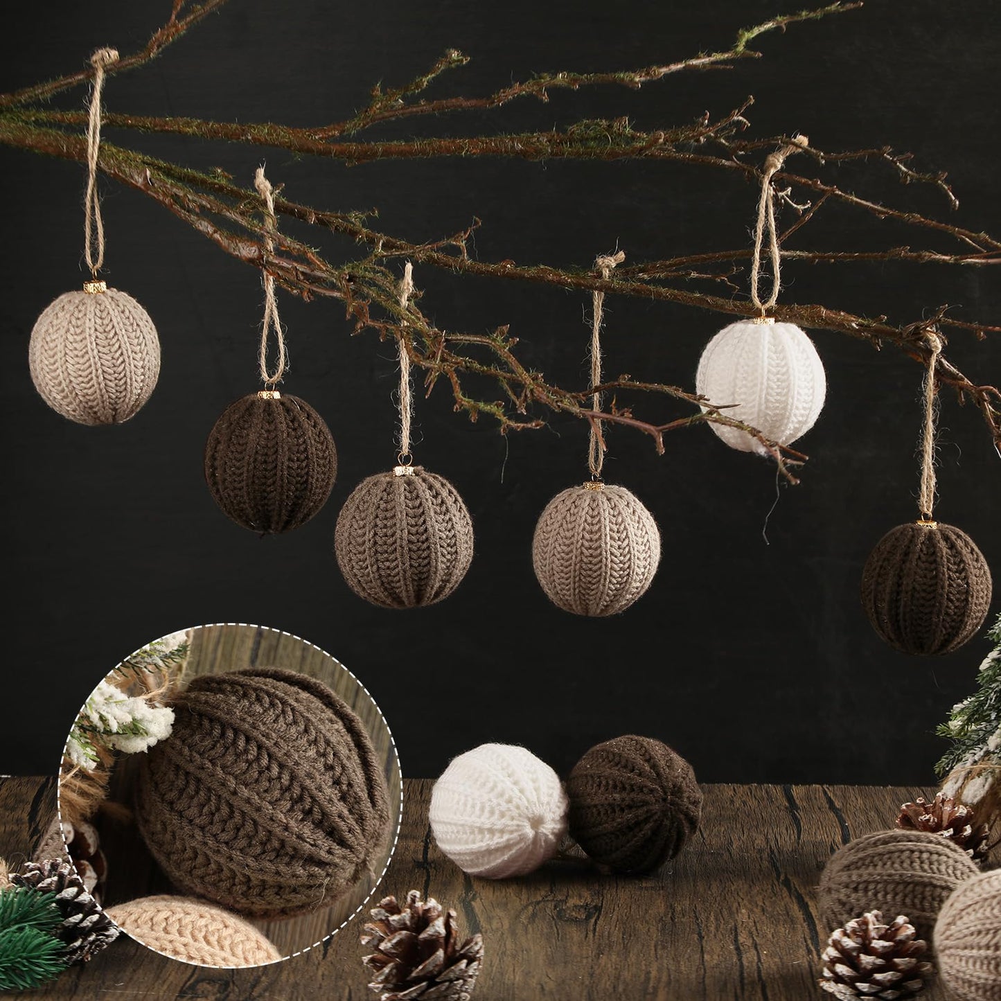 VioraWhite 12 Pcs Neutral Christmas Ornaments, 2.36 Inch Brown Crochet Christmas Balls Modern Rustic Handmade Knitted Woven Cotton Baubles for Xmas Tree Farmhouse Holiday Decor