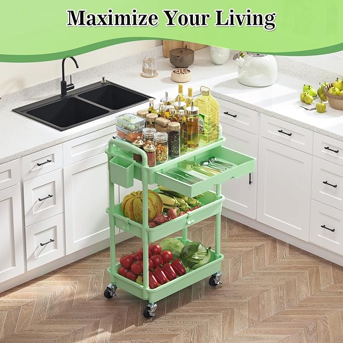 SUNALLY 3-Tier Rolling Cart with Drawer & Lockable Wheels, Bathroom Storage Organizer Multifunctional Rolling Storage Cart for Bathroom, Kitchen, Office, Craft, Makeup, Baby Essentials, Green