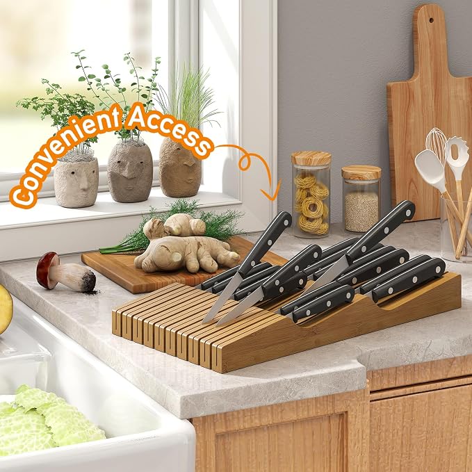 In-Drawer Knife Block Organizer - Bamboo Wood Drawer Knife Organizer-Protecting Knife Organizer Block (Not Included) (Brown, 19 Knives Dock)