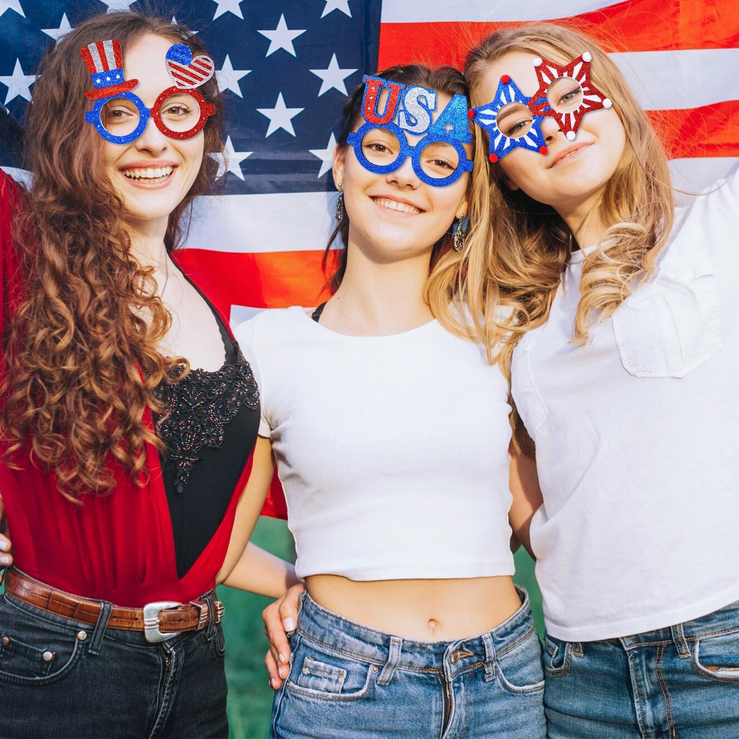 Wobeny 6 Pcs 4th of July Glasses Party Decor, Glitter Party Sunglasses Frames Novelty Costume Eyeglasses Photo Props for Adults, Independence Day Decorations Fun Holiday Party Favors, Memorial Day