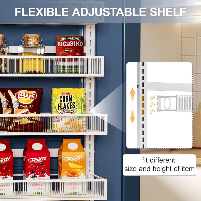 Over the Door Pantry Organizer 9 Tier Hanging Door or Wall Mounted Spice Rack with Adjustable Acylic Basket,Heavy Duty Metal Seasoning Storage Shelf for Kitchen Pantry and Bathroom White