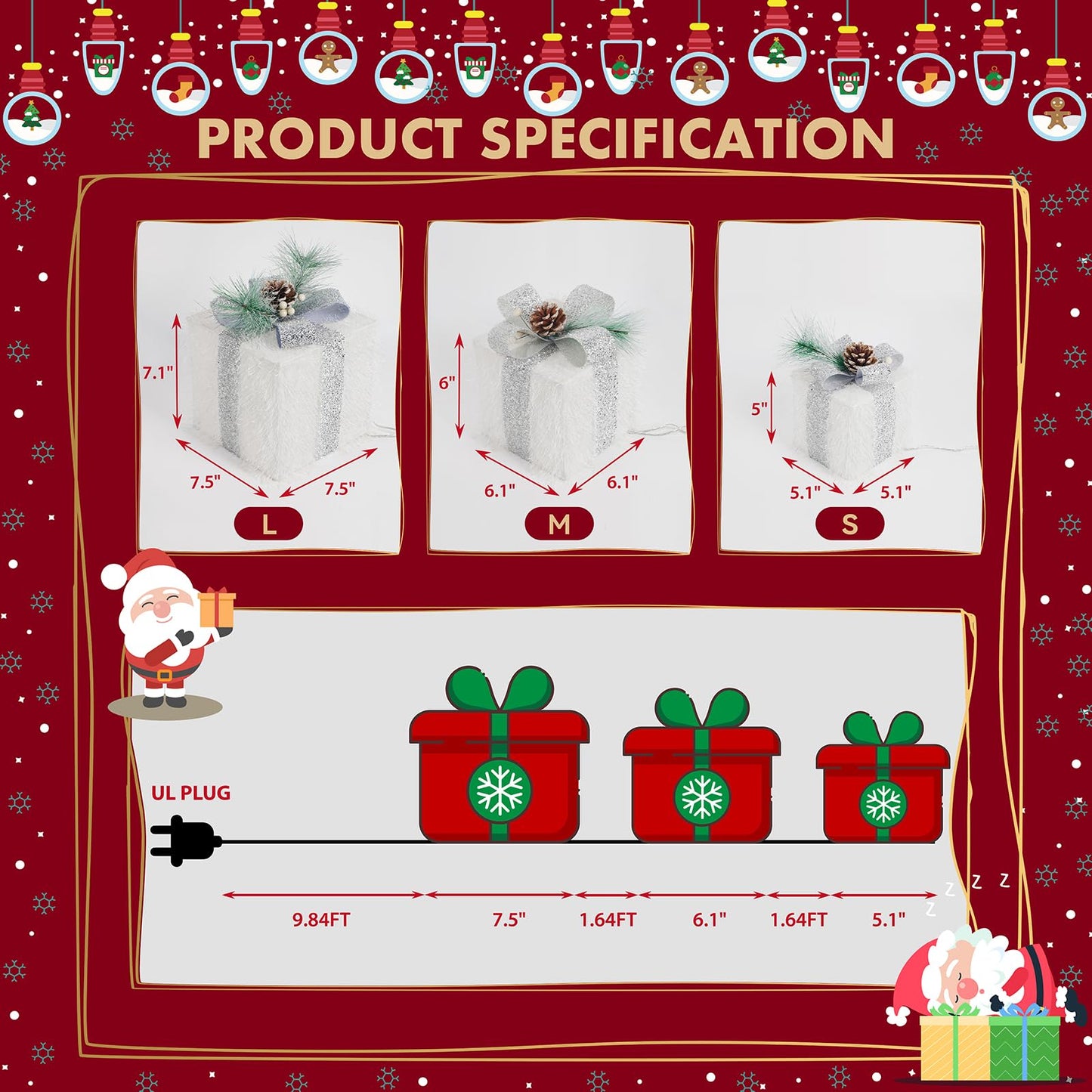 Set of 3 Christmas Lighted Gift Boxes with 60 LED Lights, Plug-in Holiday Decorations for Xmas Tree, Home, Indoor Outdoor Décor(Silver)
