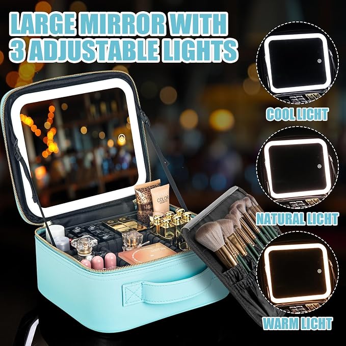 Extrei Gent Makeup Travel Train Case with Mirror LED Light 3 Adjustable Brightness Large Cosmetic Bag Portable Storage Adjustable Partition Waterproof Makeup Brushes Make up Jewelry Gift for Women