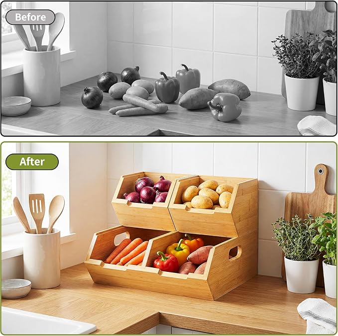 Bamboo Pantry Storage Bins, Stackable Potato and Onion Storage Bin for Kitchen Countertop, Wood Pantry Organizer Baskets for Fruit Vegetable Snack