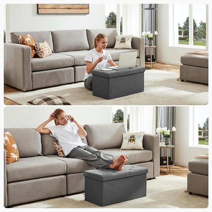 DUMOS 30 Inch Folding Storage Ottoman Bench, Large Hidden Storage Chest withThicker Foam Padded Seat, End of Bed Foot Rest Stool for Bedroom Living Room Entryway, Load 660 lbs, Grey