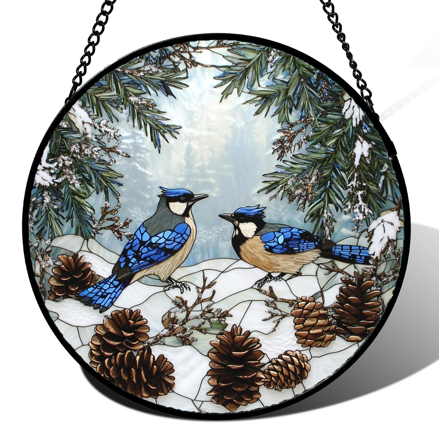 HWRHTR Stained Glass Window Hanging - Blue Bird Winter Forest Landscape Suncatcher for Door Garden Yard Sun Catchers Decor Christmas Mother's Day Birthday Gifts for Women Mom Nana Friend 7.8 in