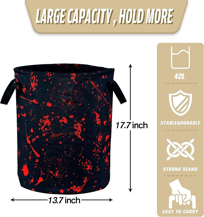 Blood Splattered Laundry Basket Blood Pattern Foldable Oxford Cloth Funny Tote Bag Laundry Hamper Clothes Storage Bucket Organizer For Bathroom/Laundry Storage/Bedroom 18.9x16.5 Inch
